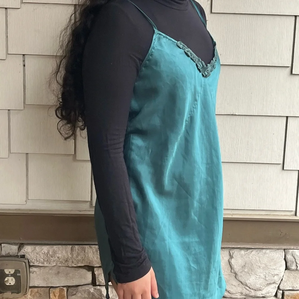 Silky Slip Mini Dress in Teal - Picture 3 of 5